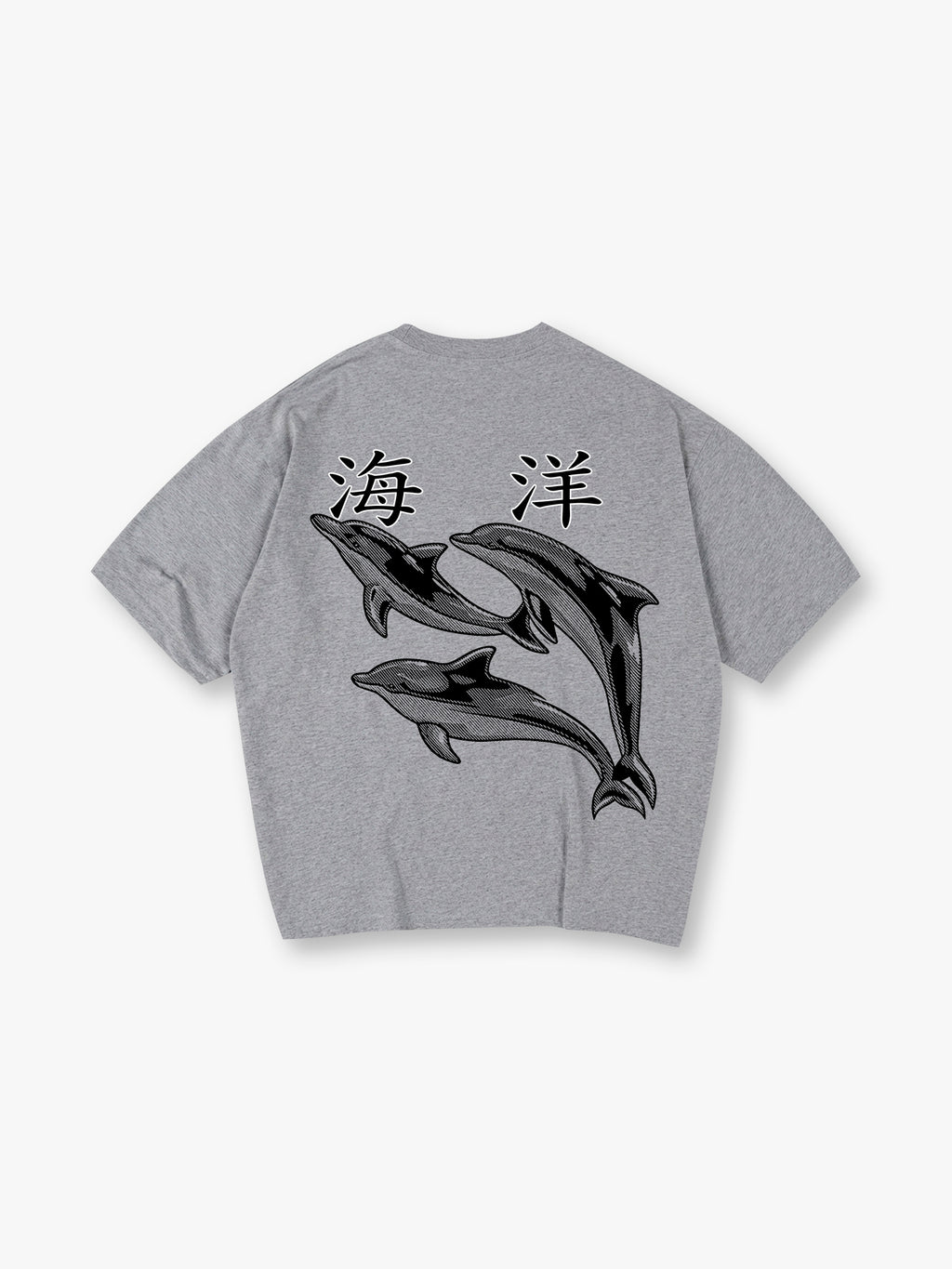 Vintage Ocean Dolphin Japanese Kanji Back Print Cream Cotton Casual T-Shirt