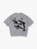 Vintage Ocean Dolphin Japanese Kanji Back Print Cream Cotton Casual T-Shirt