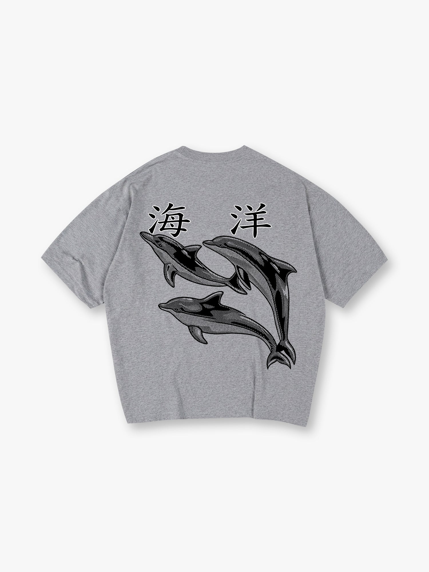 Vintage Ocean Dolphin Japanese Kanji Back Print Cream Cotton Casual T-Shirt