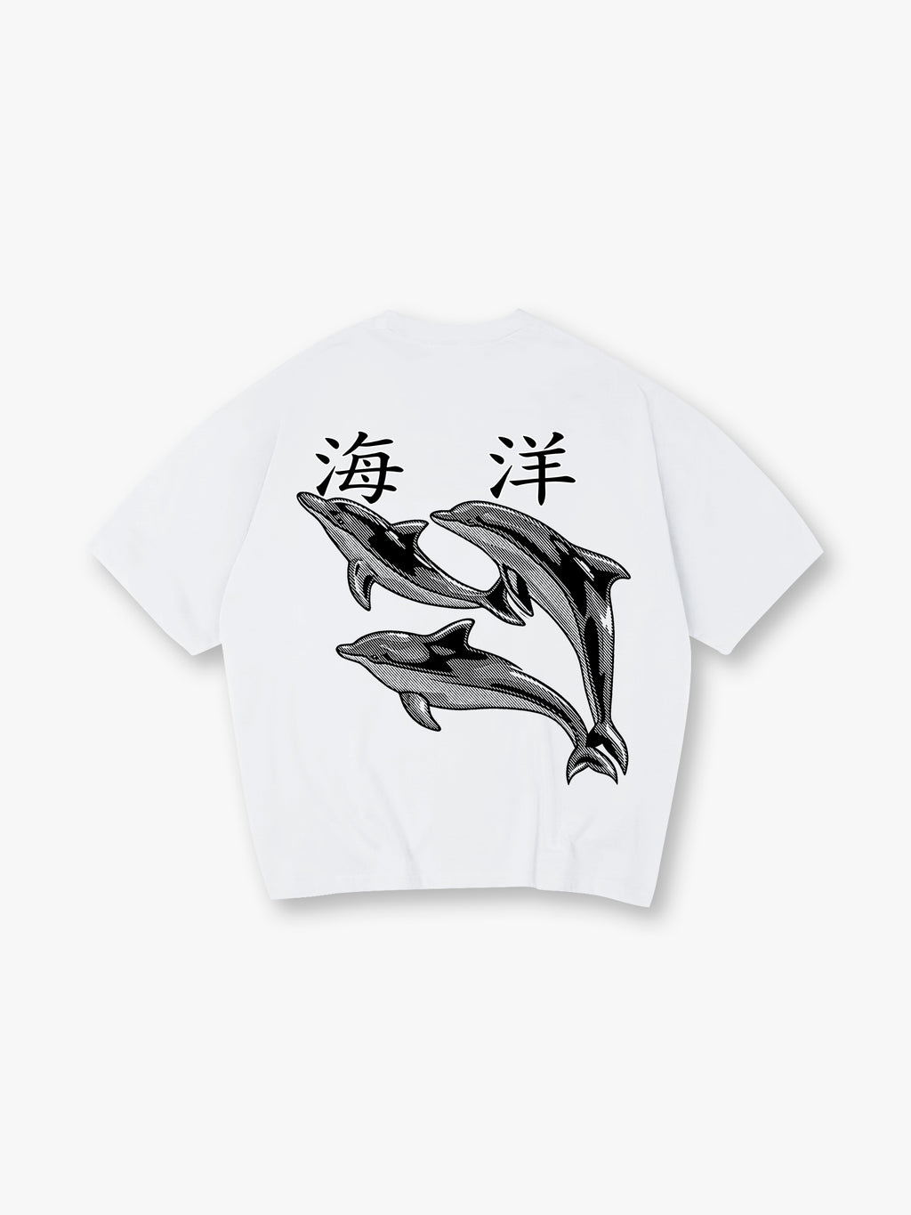Vintage Ocean Dolphin Japanese Kanji Back Print Cream Cotton Casual T-Shirt