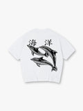 Vintage Ocean Dolphin Japanese Kanji Back Print Cream Cotton Casual T-Shirt
