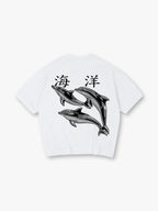 Vintage Ocean Dolphin Japanese Kanji Back Print Cream Cotton Casual T-Shirt