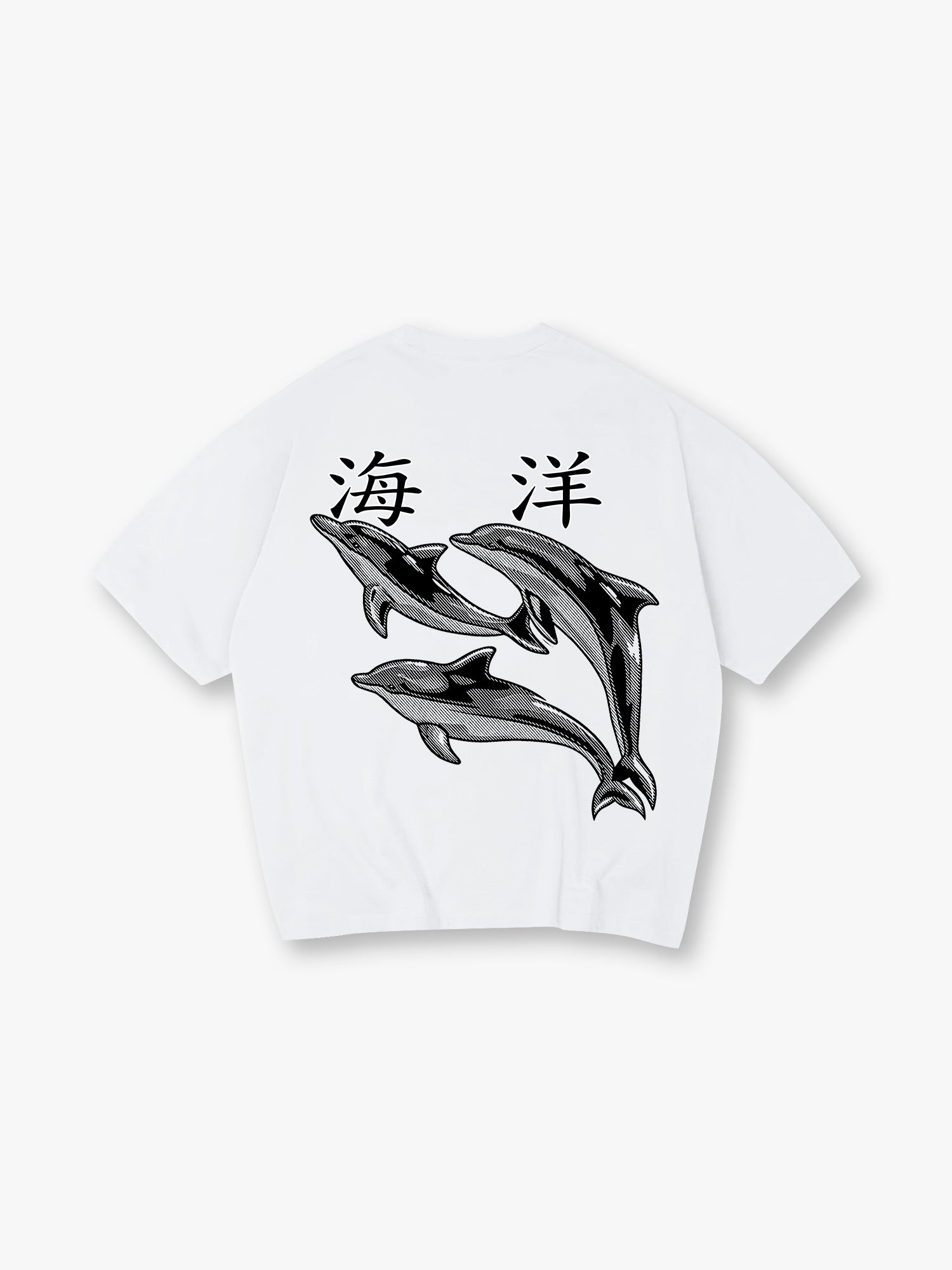 Vintage Ocean Dolphin Japanese Kanji Back Print Cream Cotton Casual T-Shirt