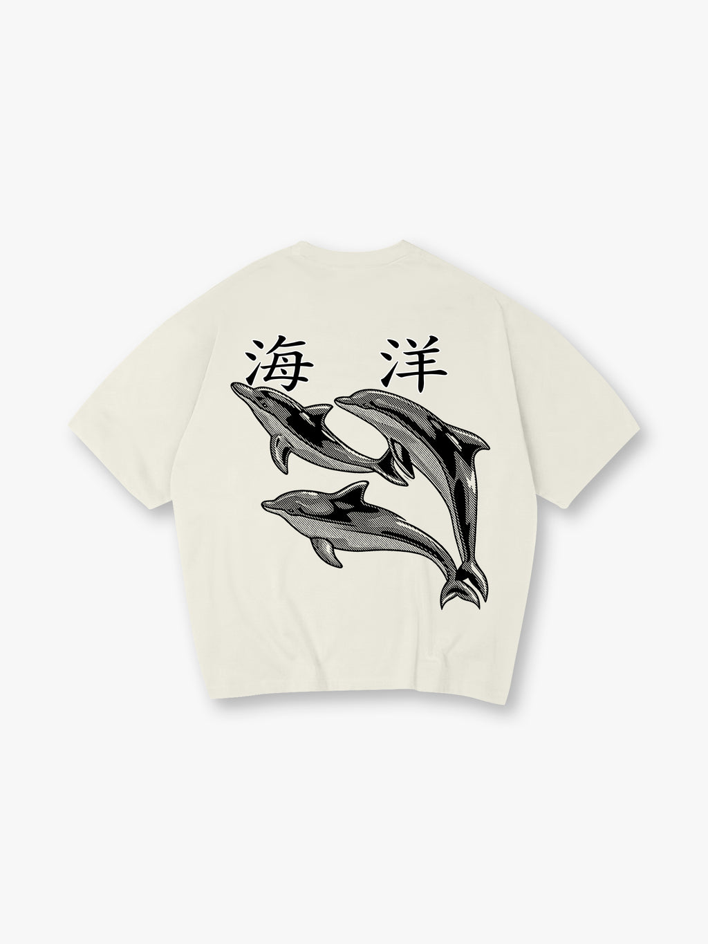 Vintage Ocean Dolphin Japanese Kanji Back Print Cream Cotton Casual T-Shirt