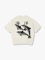 Vintage Ocean Dolphin Japanese Kanji Back Print Cream Cotton Casual T-Shirt