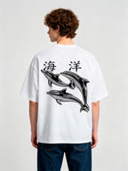 Vintage Ocean Dolphin Japanese Kanji Back Print Cream Cotton Casual T-Shirt