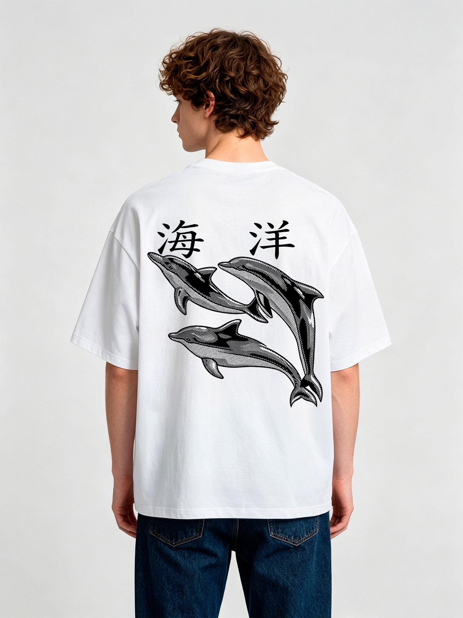 Vintage Ocean Dolphin Japanese Kanji Back Print Cream Cotton Casual T-Shirt