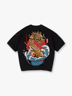 Japanese Ramen Noodle Dragon Wave Kanji God Stamped Back Print T-Shirt