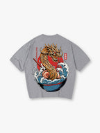 Japanese Ramen Noodle Dragon Wave Kanji God Stamped Back Print T-Shirt