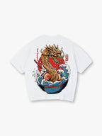 Japanese Ramen Noodle Dragon Wave Kanji God Stamped Back Print T-Shirt