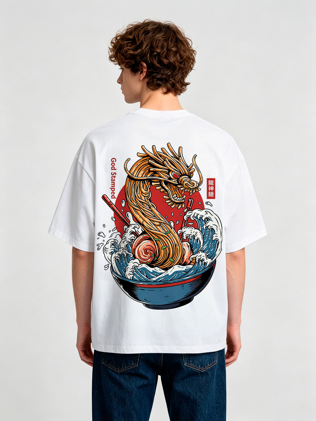 Japanese Ramen Noodle Dragon Wave Kanji God Stamped Back Print T-Shirt