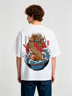 Japanese Ramen Noodle Dragon Wave Kanji God Stamped Back Print T-Shirt