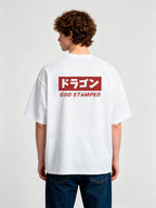 Japanese Dragon Katakana God Stamped Text Back Print Cotton T-Shirt