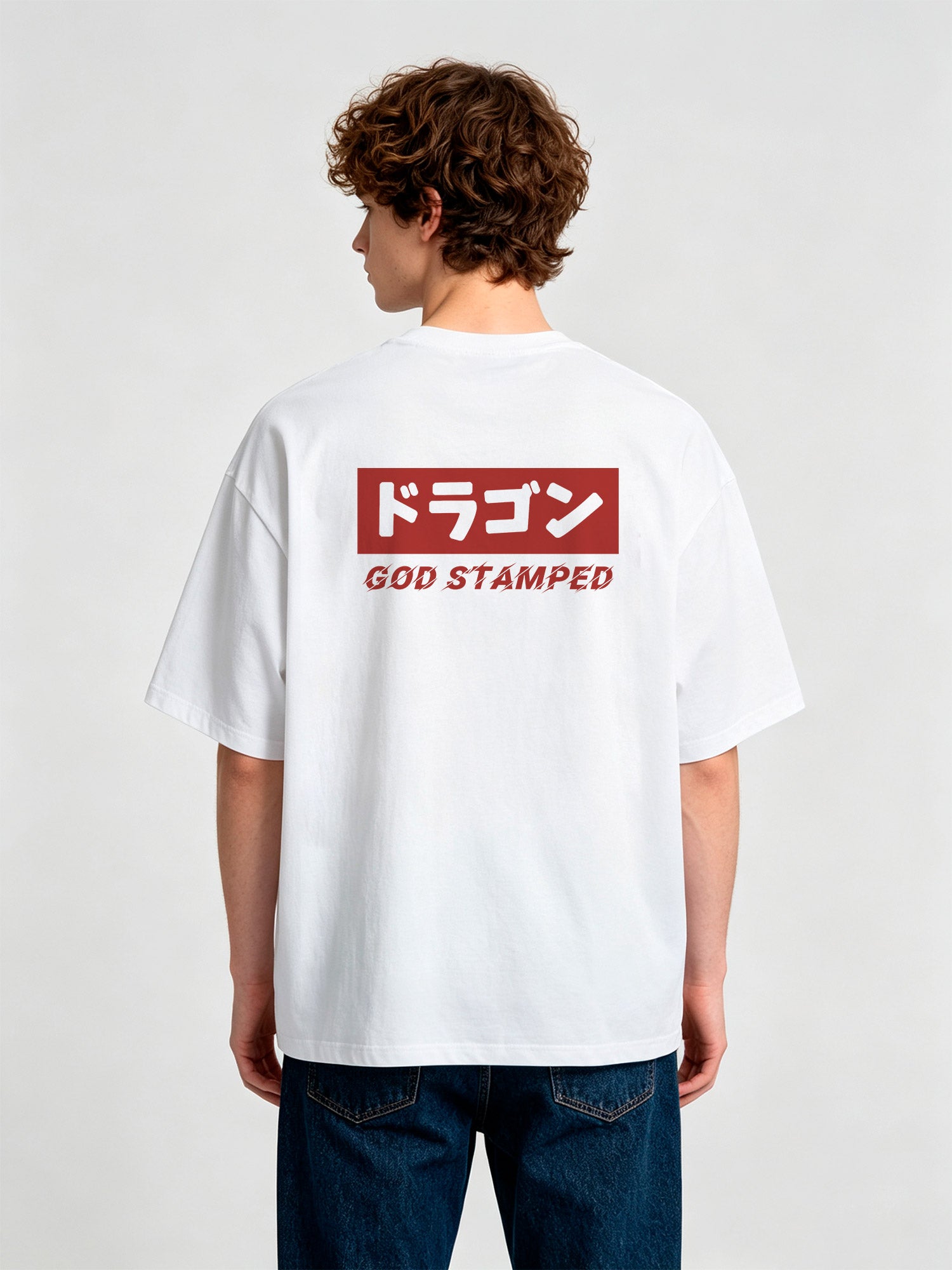 Japanese Dragon Katakana God Stamped Text Back Print Cotton T-Shirt