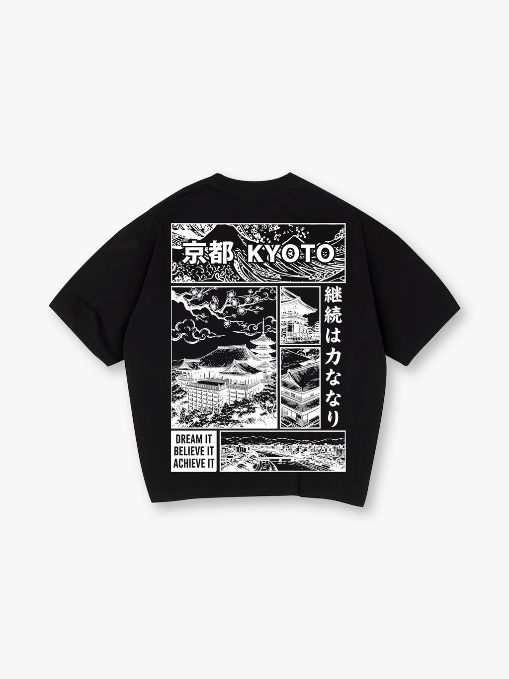 Blue Line Art Kyoto Temple Sakura Japanese Kanji Back Print Cotton T-Shirt