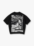Blue Line Art Kyoto Temple Sakura Japanese Kanji Back Print Cotton T-Shirt