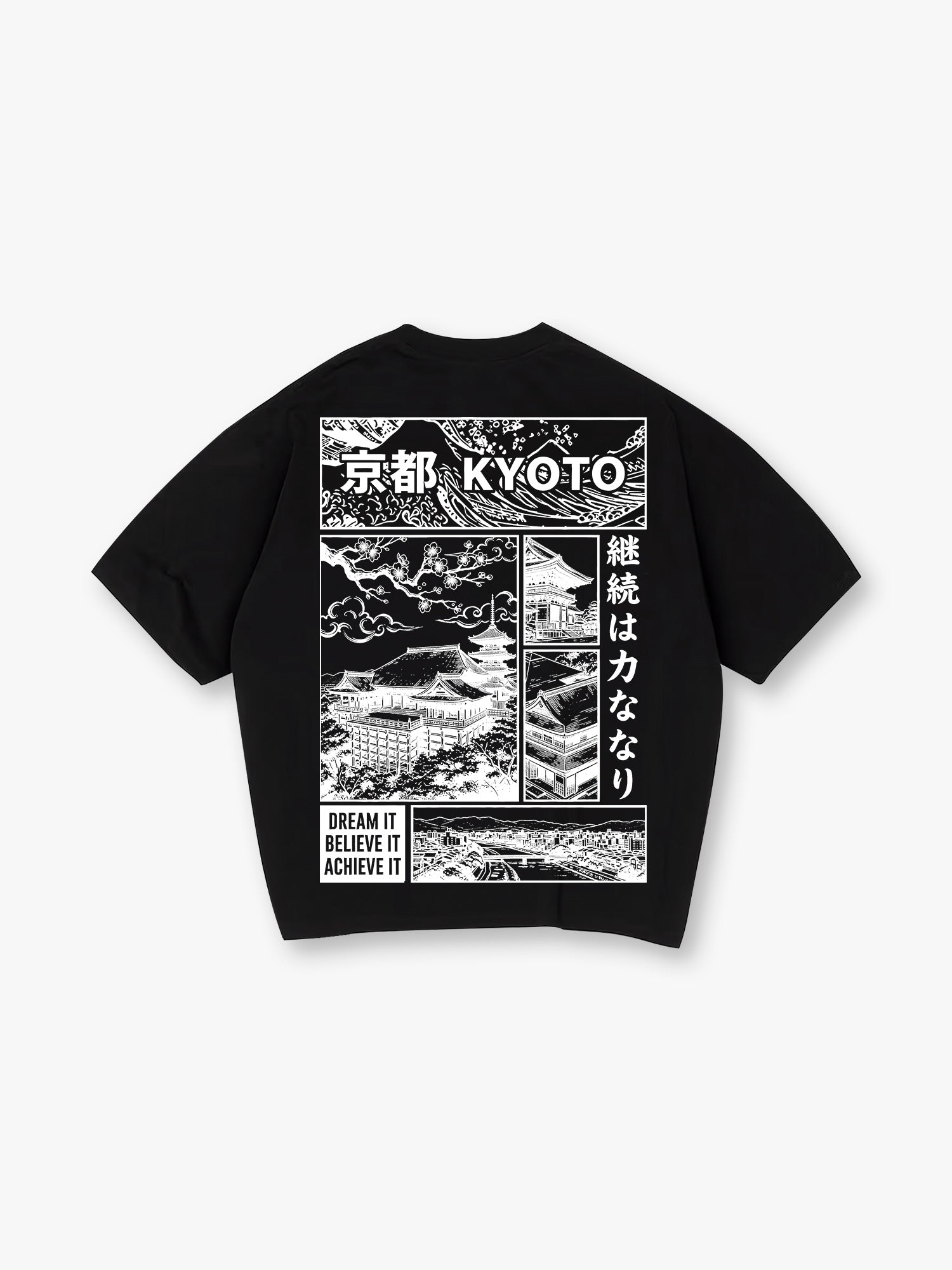 Blue Line Art Kyoto Temple Sakura Japanese Kanji Back Print Cotton T-Shirt