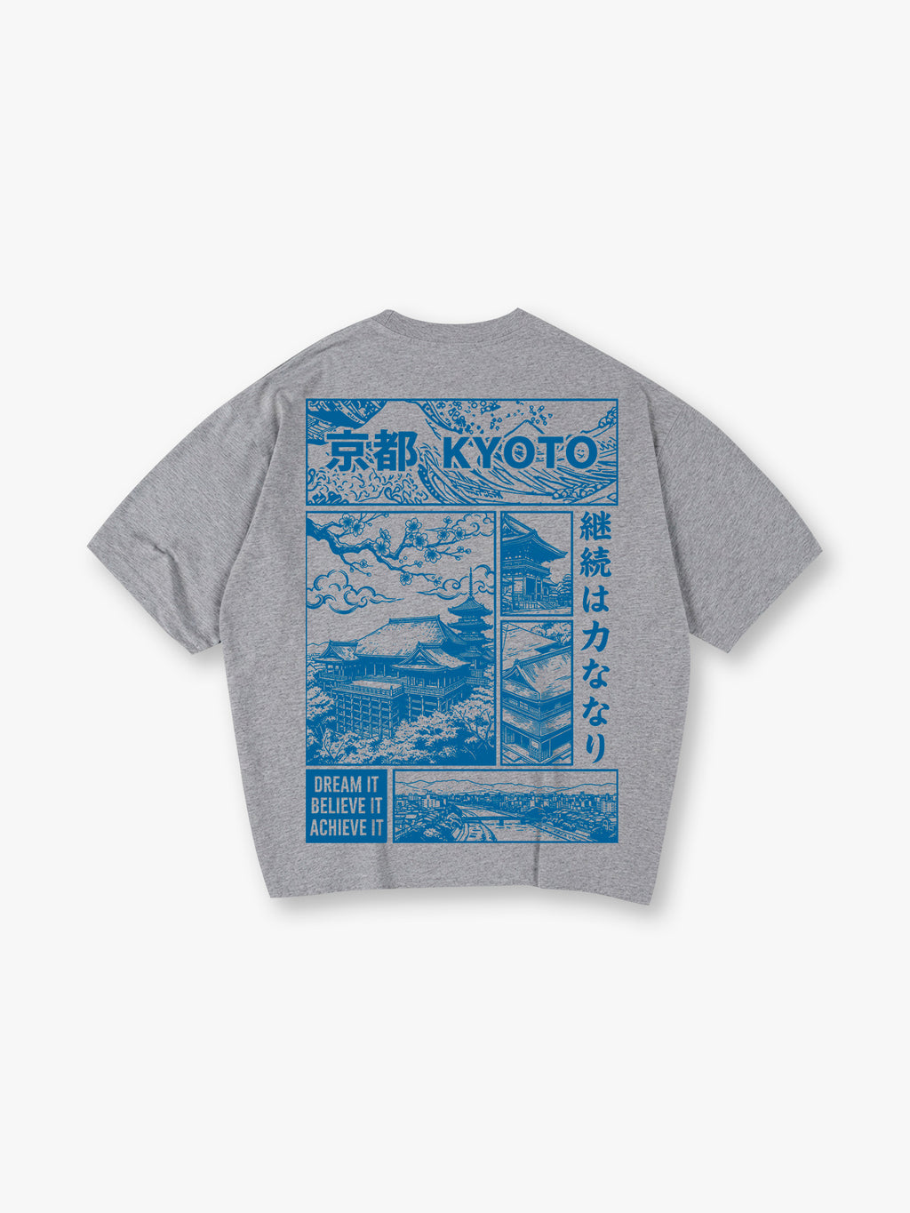 Blue Line Art Kyoto Temple Sakura Japanese Kanji Back Print Cotton T-Shirt