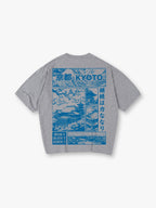 Blue Line Art Kyoto Temple Sakura Japanese Kanji Back Print Cotton T-Shirt