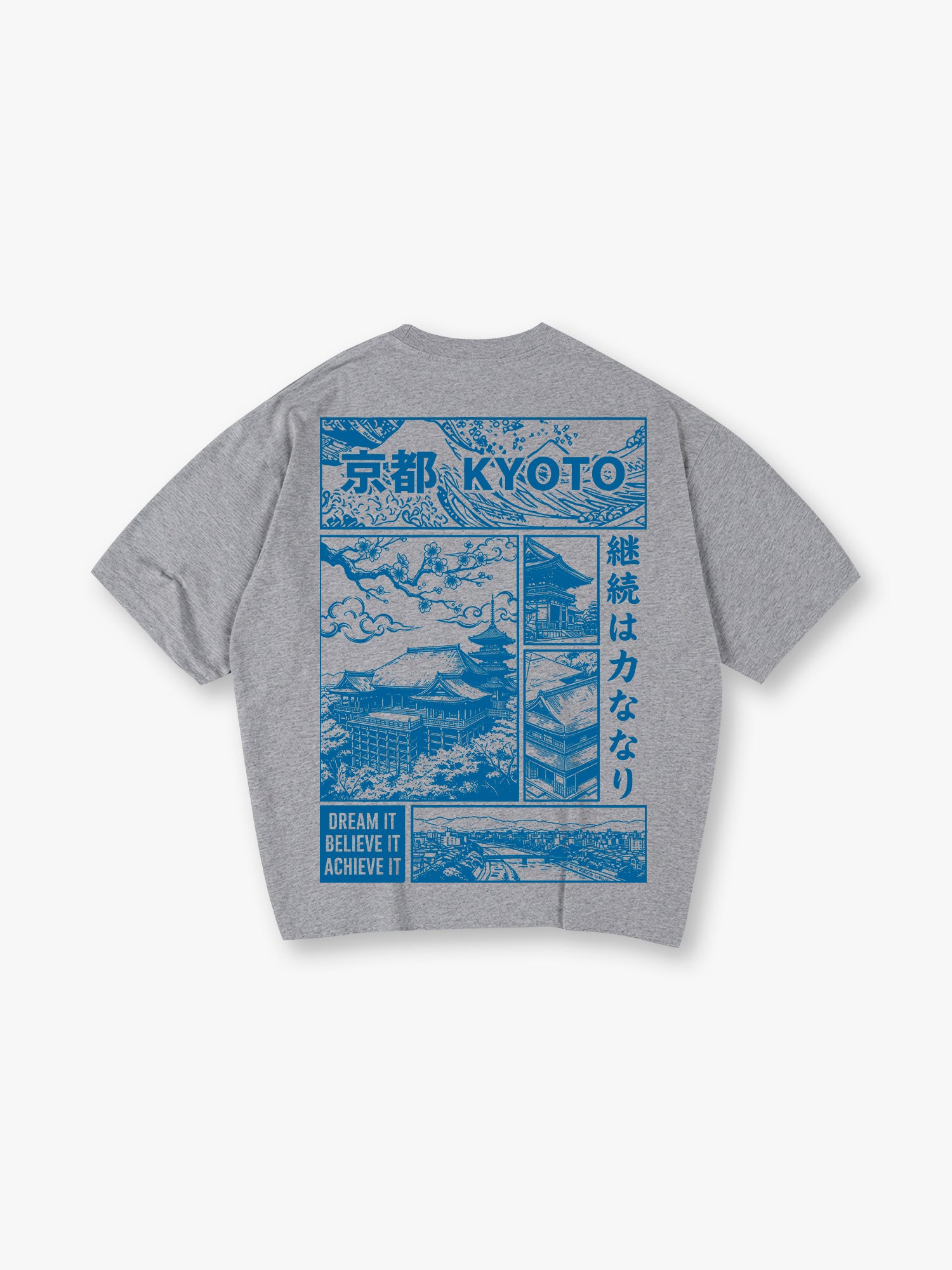 Blue Line Art Kyoto Temple Sakura Japanese Kanji Back Print Cotton T-Shirt