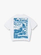 Blue Line Art Kyoto Temple Sakura Japanese Kanji Back Print Cotton T-Shirt