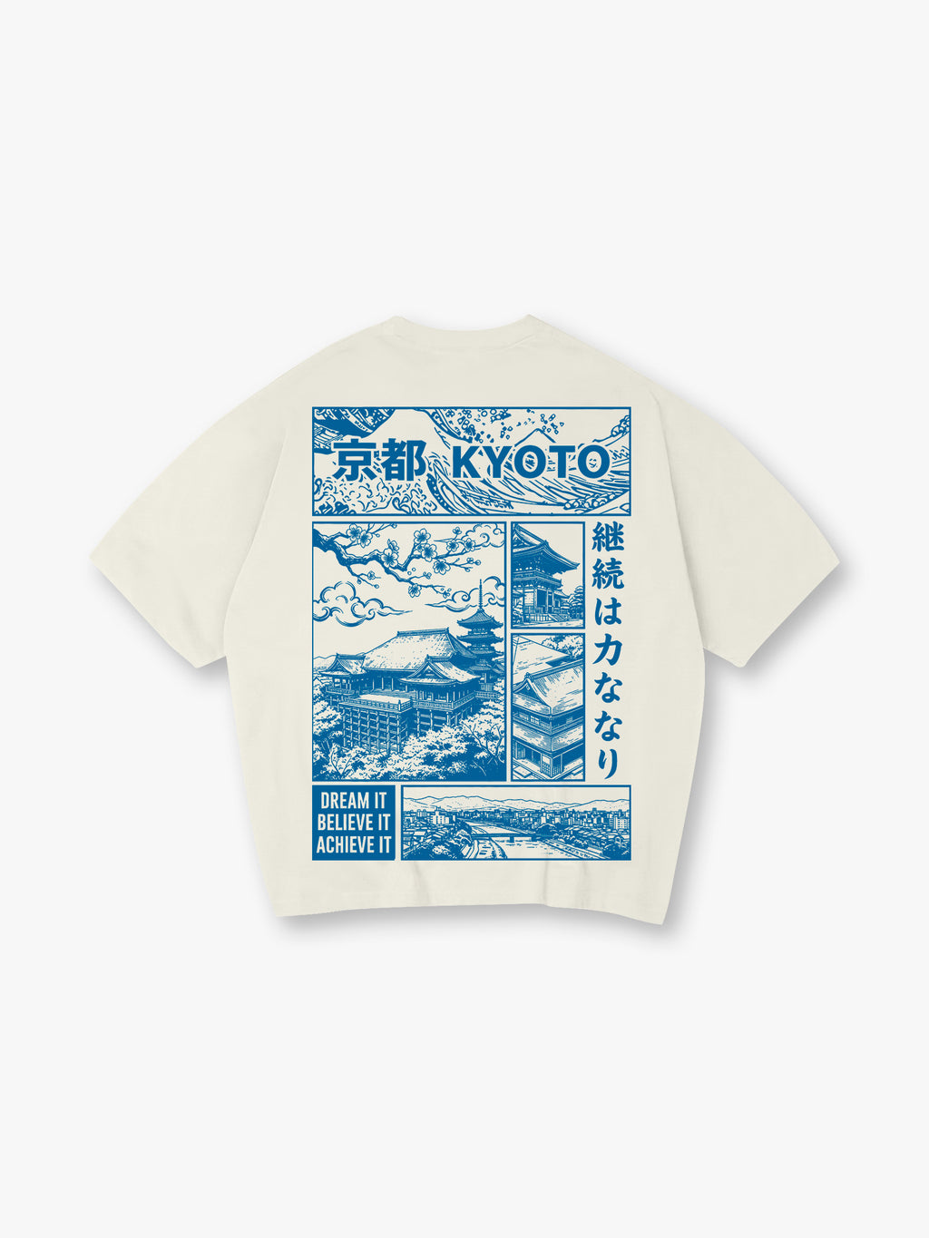 Blue Line Art Kyoto Temple Sakura Japanese Kanji Back Print Cotton T-Shirt