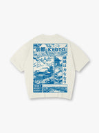 Blue Line Art Kyoto Temple Sakura Japanese Kanji Back Print Cotton T-Shirt