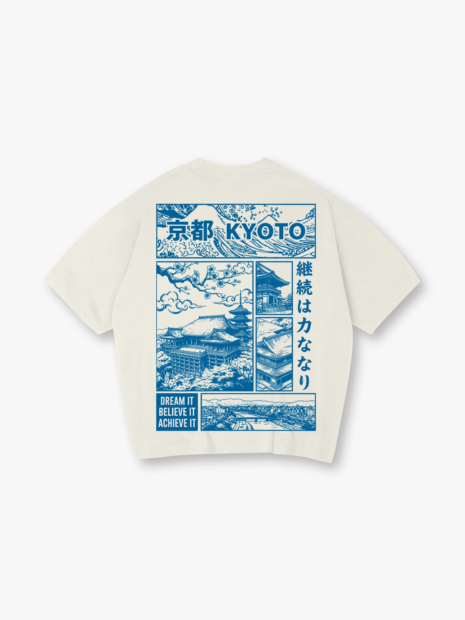 Blue Line Art Kyoto Temple Sakura Japanese Kanji Back Print Cotton T-Shirt