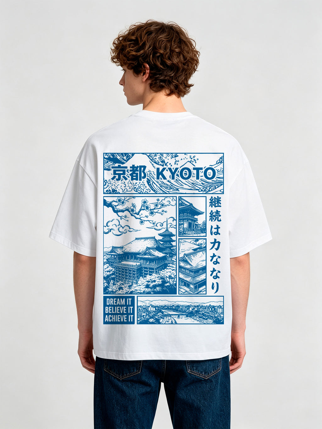 Blue Line Art Kyoto Temple Sakura Japanese Kanji Back Print Cotton T-Shirt