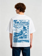 Blue Line Art Kyoto Temple Sakura Japanese Kanji Back Print Cotton T-Shirt
