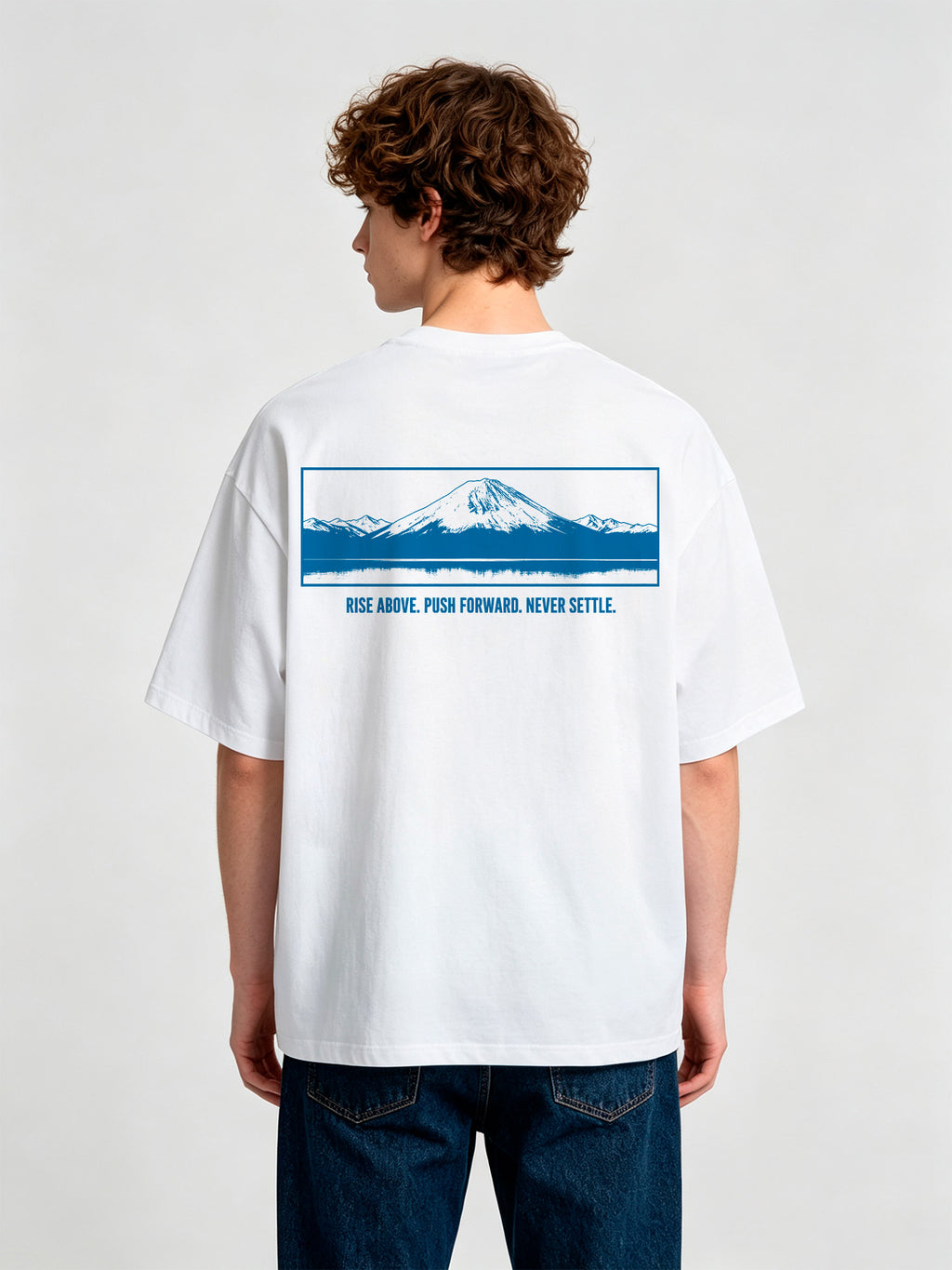 Minimal Blue Mount Fuji Motivational Quote Back Print Cotton Casual T-Shirt