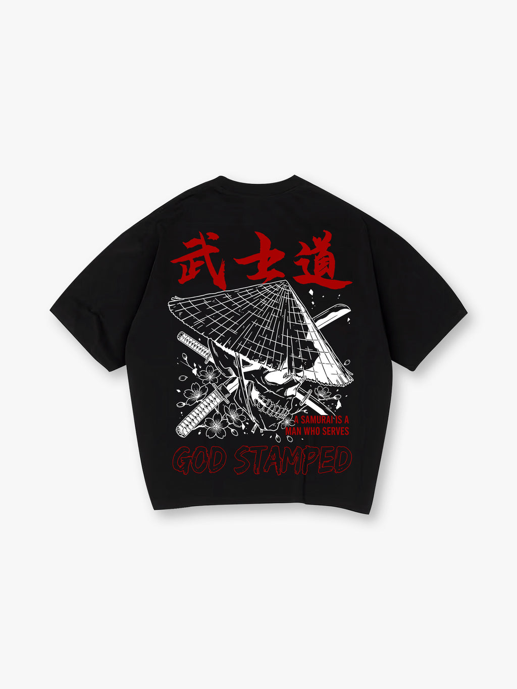 Samurai Skull Sakura Katana God Stamped Back Print White Cotton T-Shirt