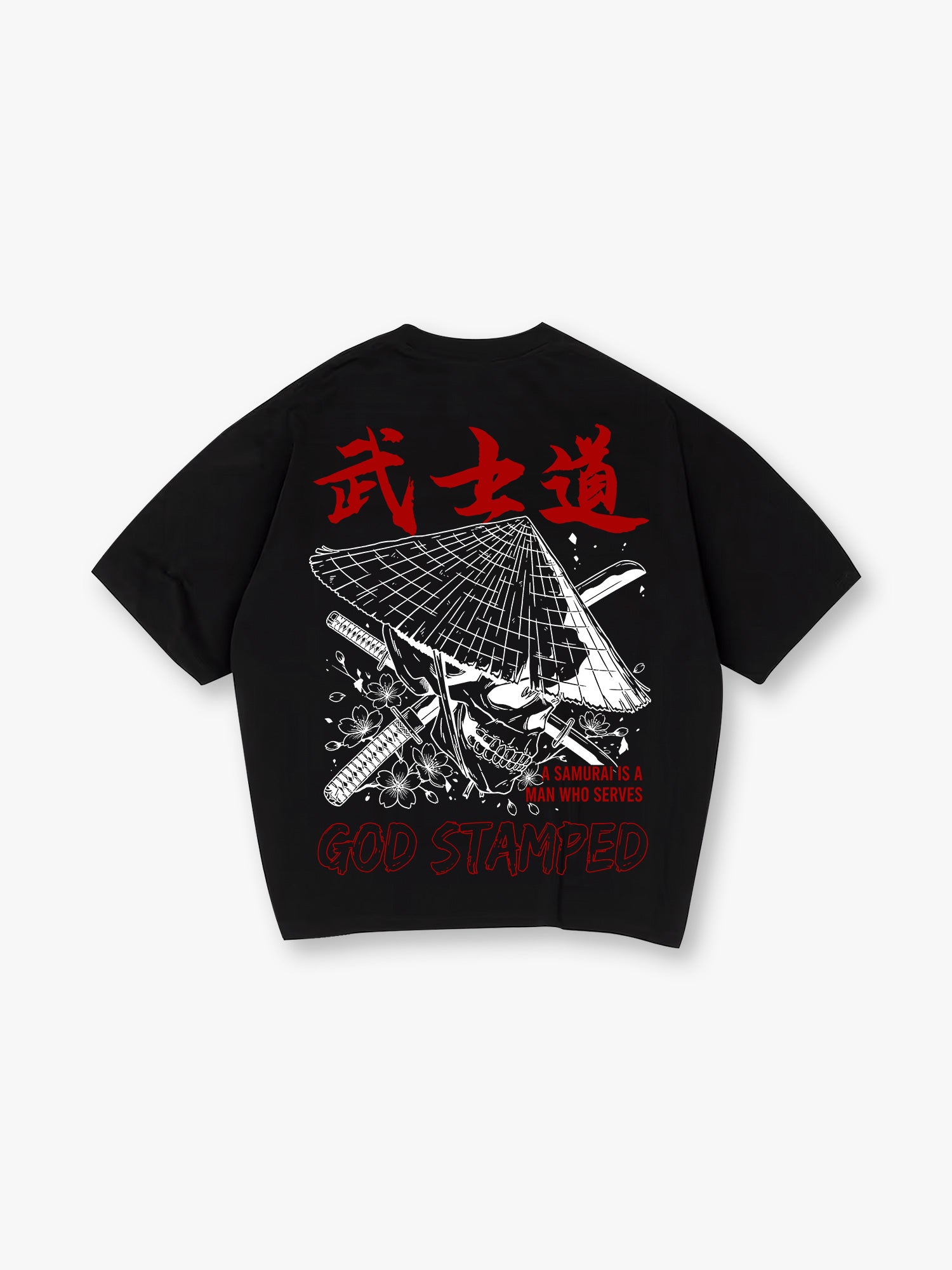 Samurai Skull Sakura Katana God Stamped Back Print White Cotton T-Shirt