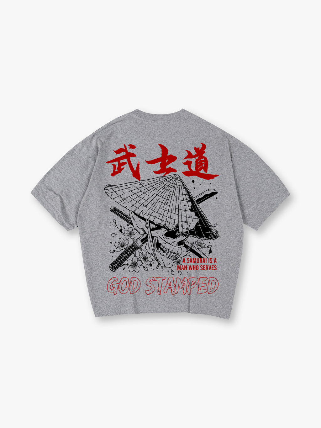 Samurai Skull Sakura Katana God Stamped Back Print White Cotton T-Shirt