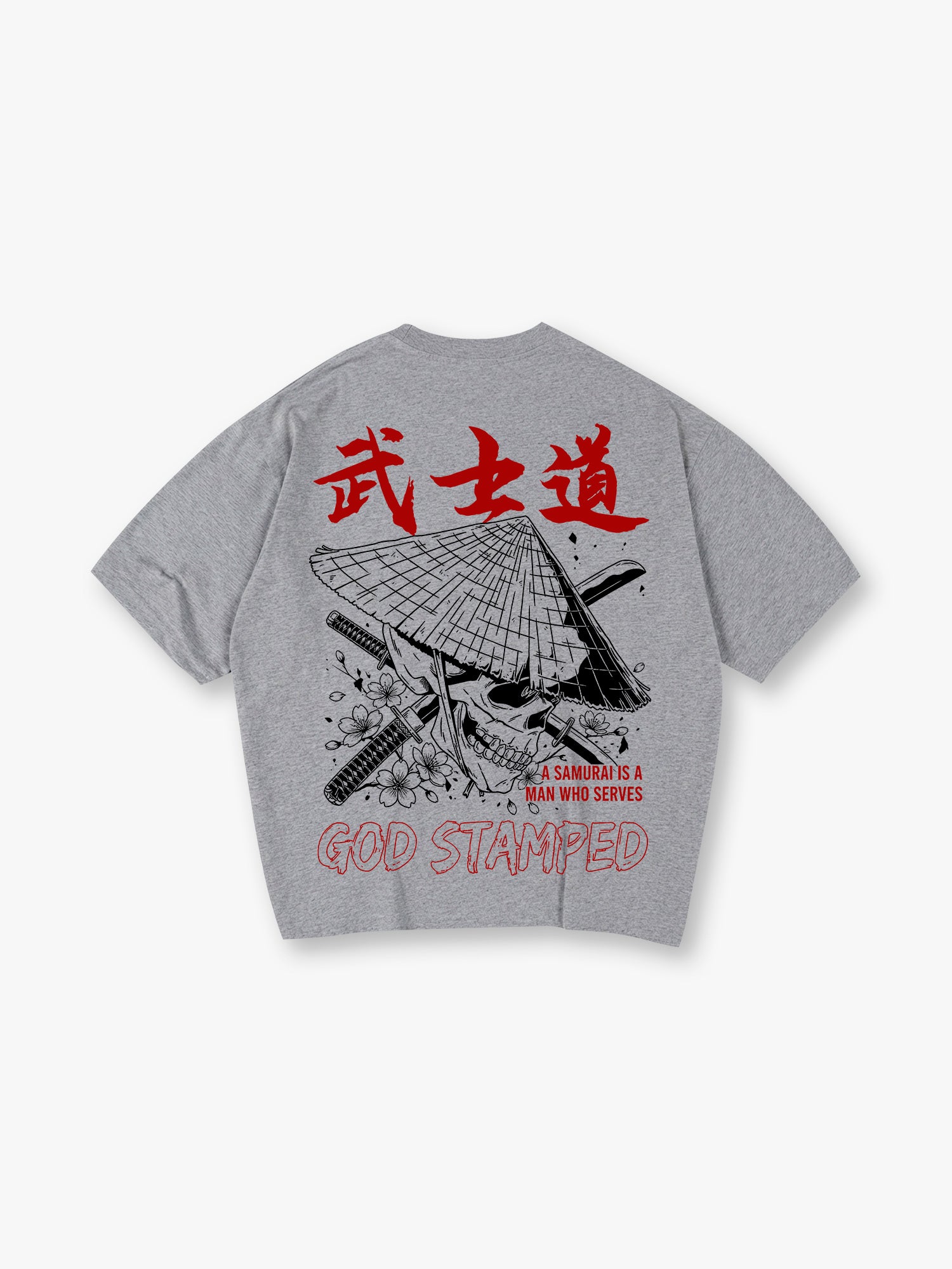 Samurai Skull Sakura Katana God Stamped Back Print White Cotton T-Shirt