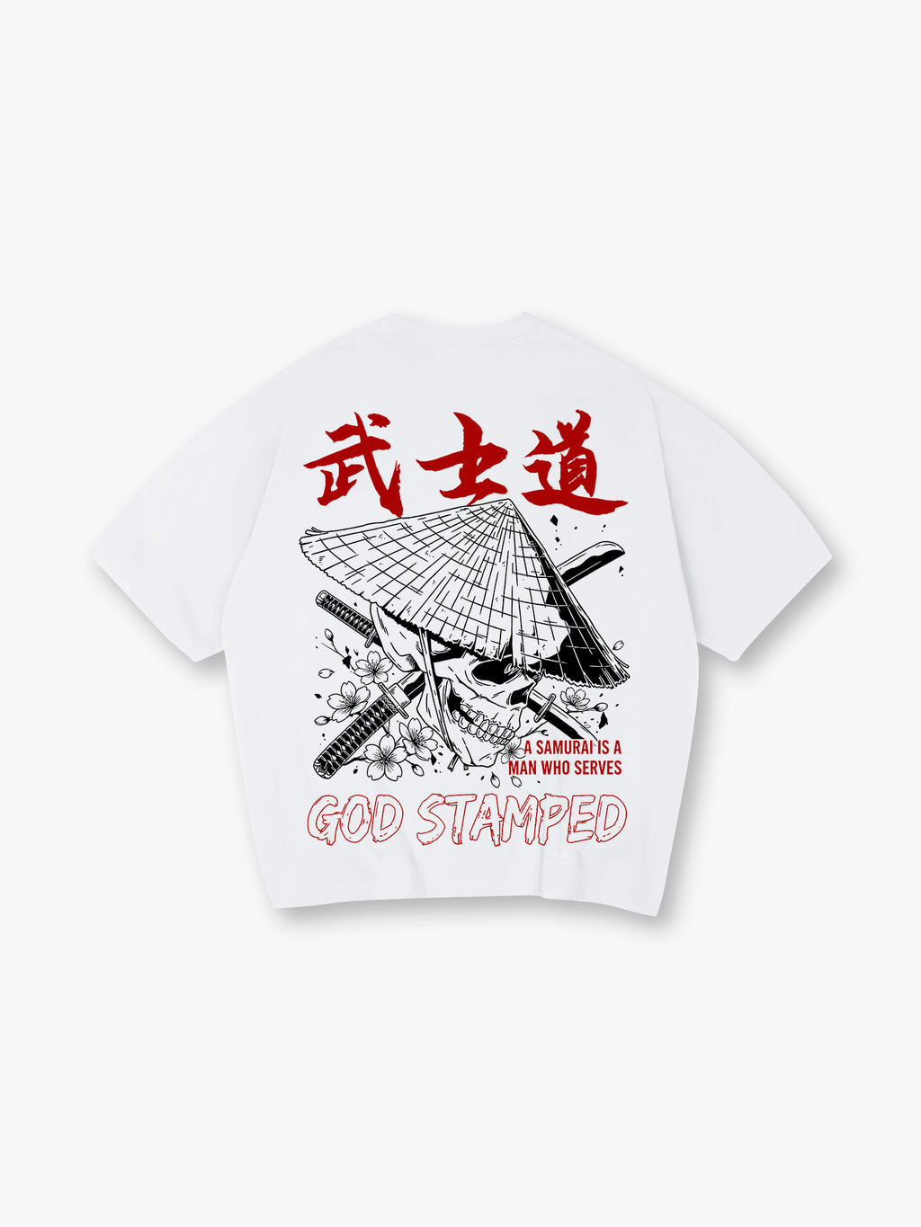 Samurai Skull Sakura Katana God Stamped Back Print White Cotton T-Shirt