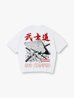Samurai Skull Sakura Katana God Stamped Back Print White Cotton T-Shirt