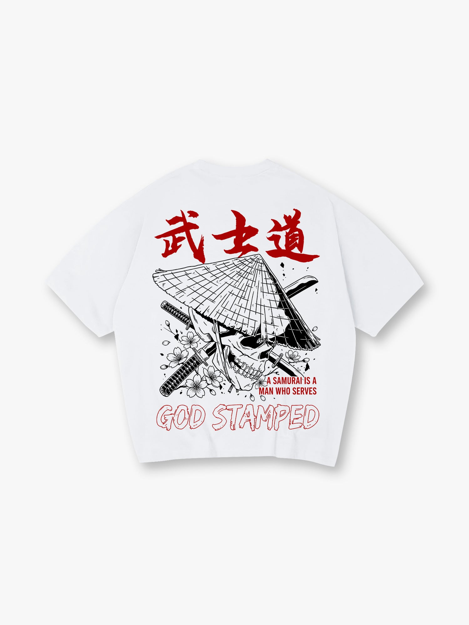 Samurai Skull Sakura Katana God Stamped Back Print White Cotton T-Shirt