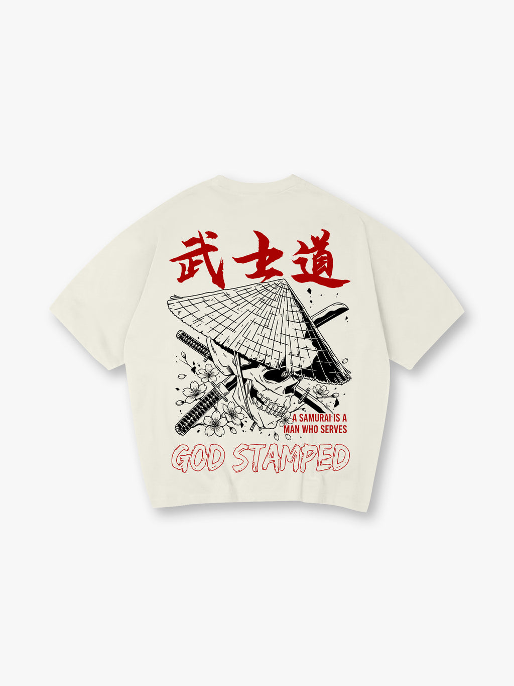Samurai Skull Sakura Katana God Stamped Back Print White Cotton T-Shirt