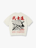 Samurai Skull Sakura Katana God Stamped Back Print White Cotton T-Shirt