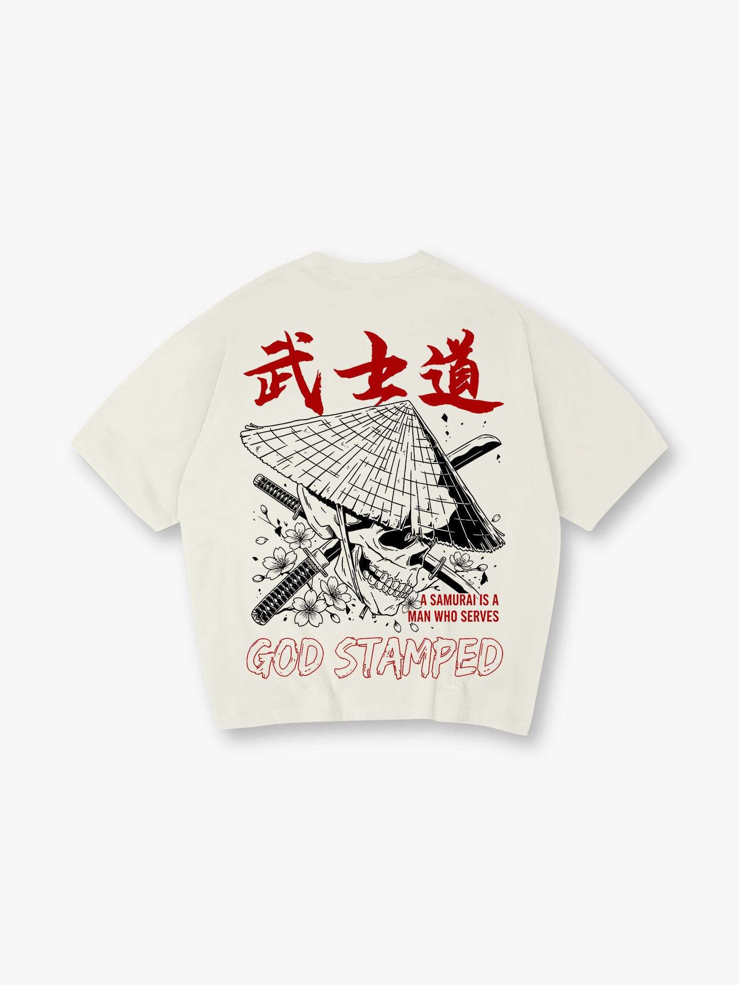 Samurai Skull Sakura Katana God Stamped Back Print White Cotton T-Shirt