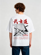 Samurai Skull Sakura Katana God Stamped Back Print White Cotton T-Shirt