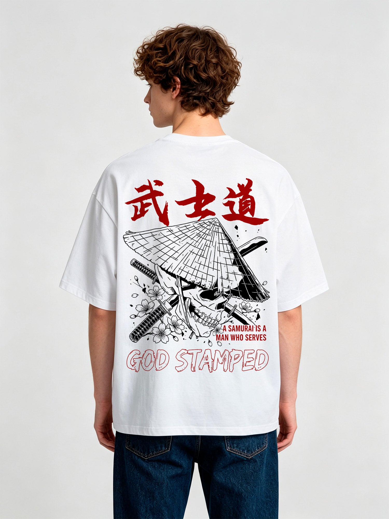 Samurai Skull Sakura Katana God Stamped Back Print White Cotton T-Shirt