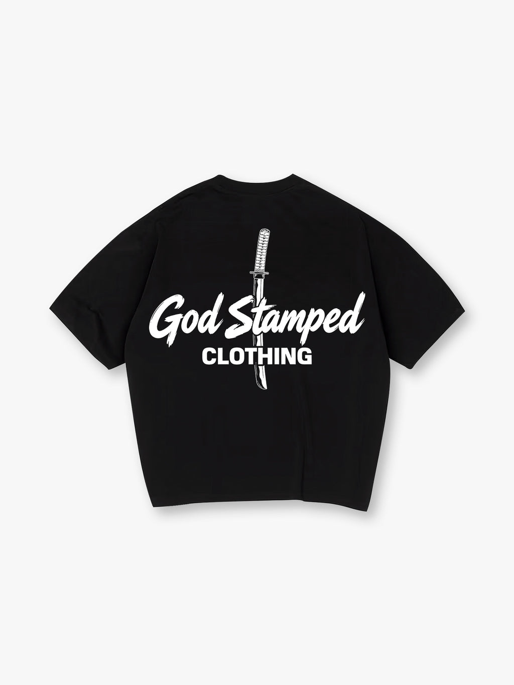 Minimal Katana Sword God Stamped Clothing Text Back Print White Cotton T-Shirt