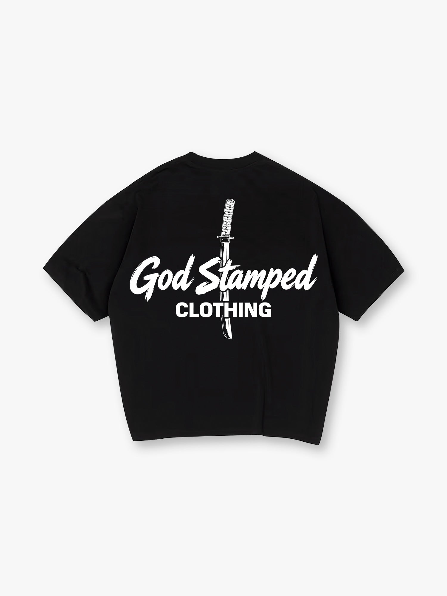 Minimal Katana Sword God Stamped Clothing Text Back Print White Cotton T-Shirt
