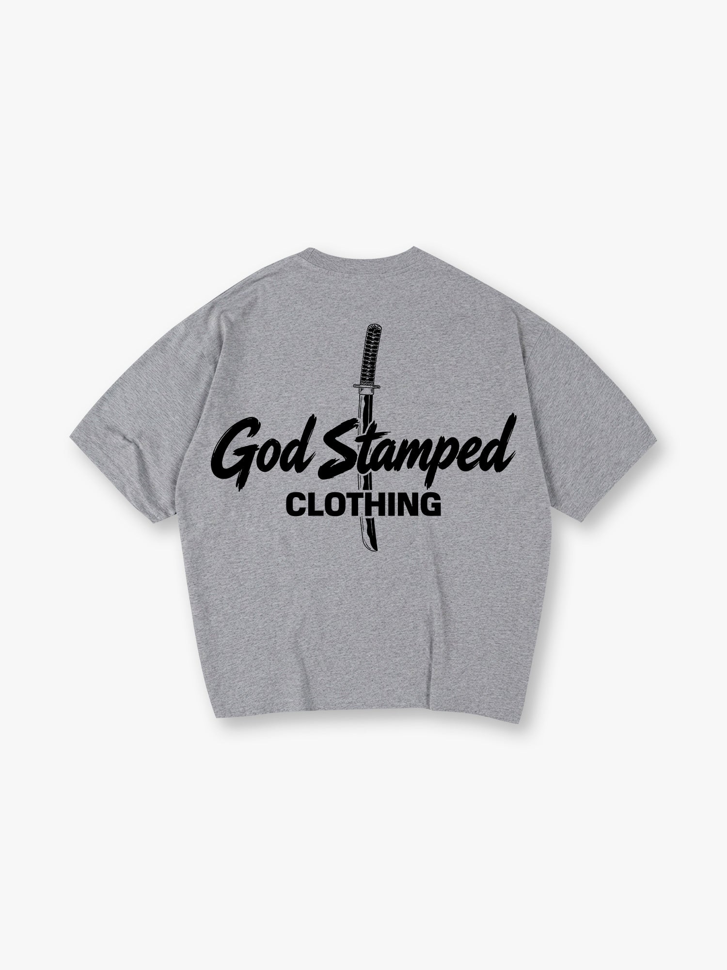Minimal Katana Sword God Stamped Clothing Text Back Print White Cotton T-Shirt