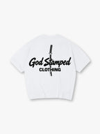 Minimal Katana Sword God Stamped Clothing Text Back Print White Cotton T-Shirt
