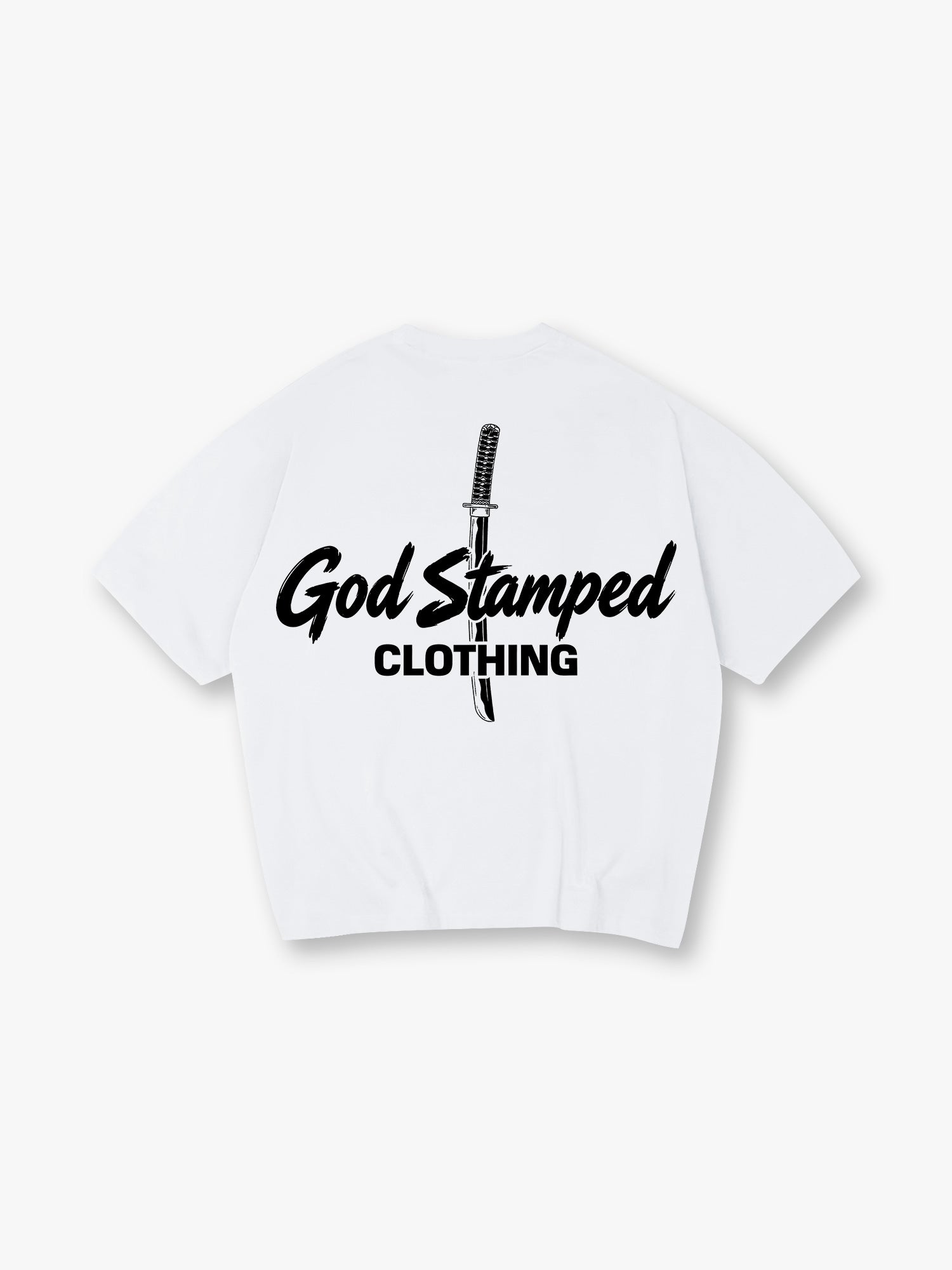 Minimal Katana Sword God Stamped Clothing Text Back Print White Cotton T-Shirt