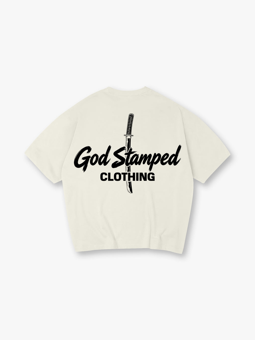 Minimal Katana Sword God Stamped Clothing Text Back Print White Cotton T-Shirt
