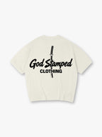 Minimal Katana Sword God Stamped Clothing Text Back Print White Cotton T-Shirt
